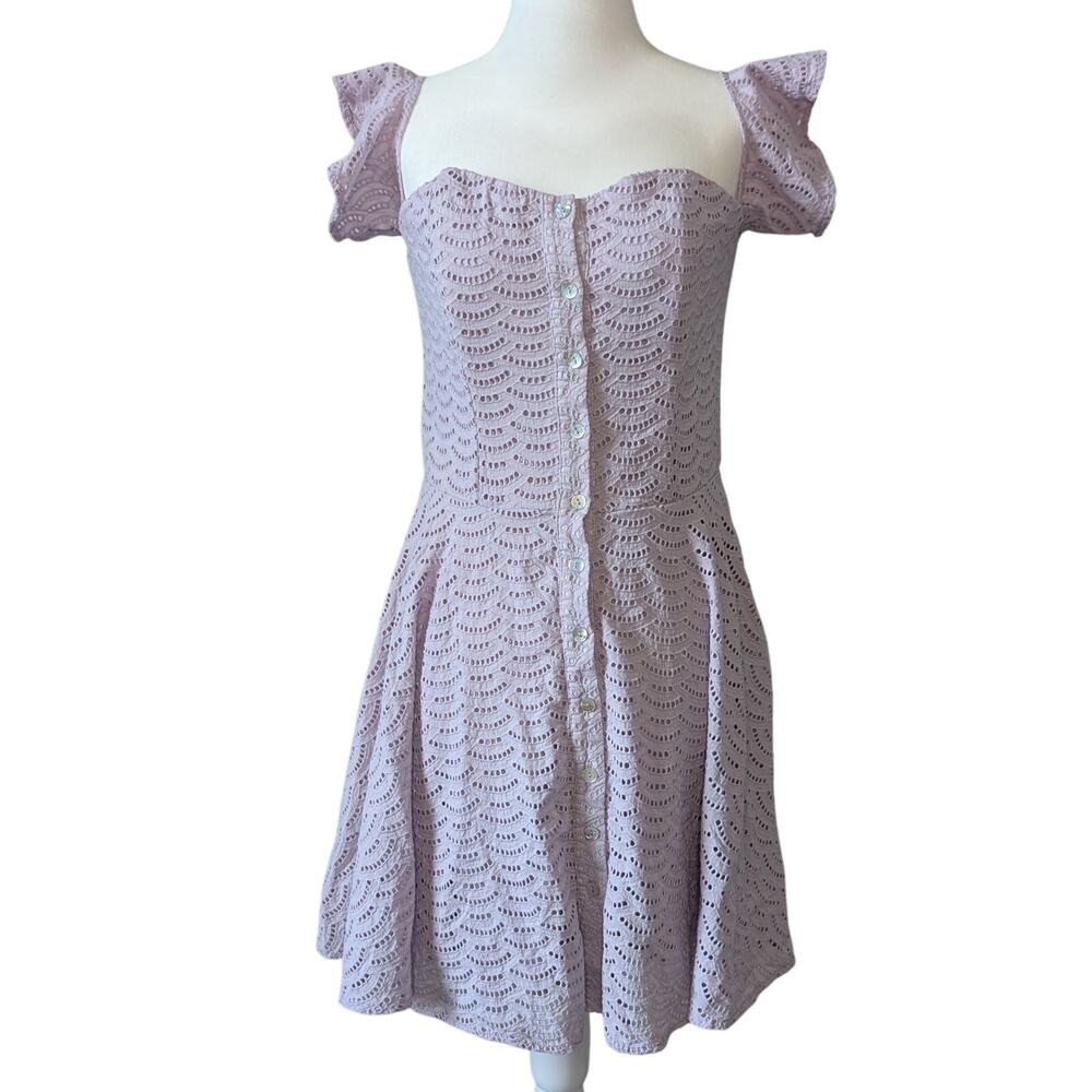 Gianni Bini Lilac Purple Eyelet Overlay Off Shoulder Fit & Flare Mini Dress Med